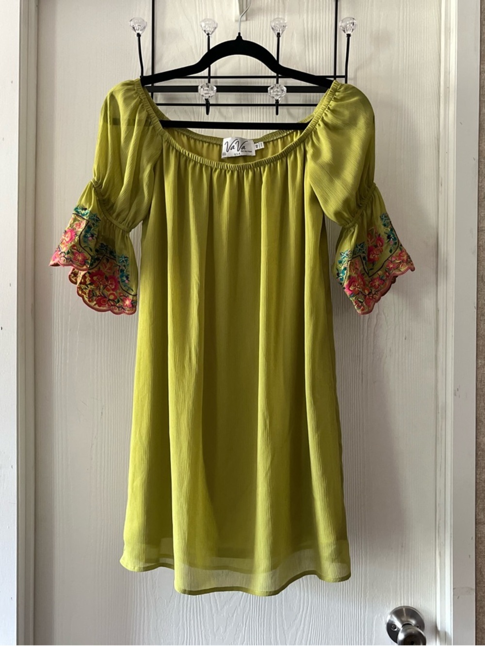 Va Va Lime Green Off-Shoulder Mini Dress with Embroidered Floral Sleeves